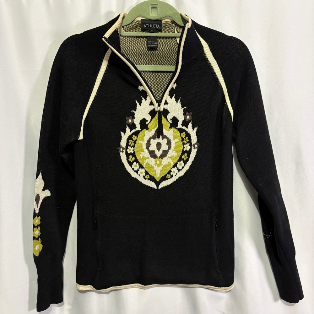 Athleta Womens Black Cotton Quarter Zip Intarsia Graphic Sweater SM Winter Ski